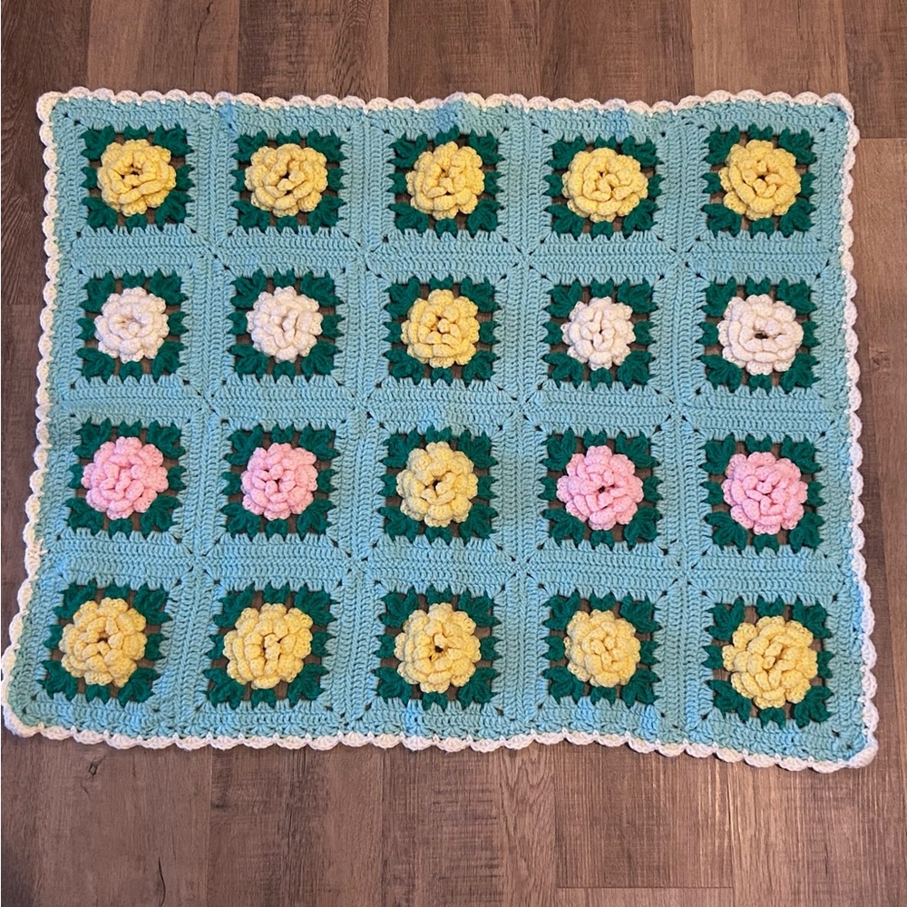 Handmade Crochet Baby Blanket with Rose Motif